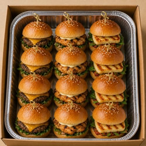 Assorted mini sliders with beef, chicken and halloumi options