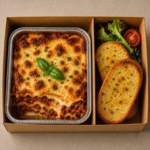 Beef lasagne with layers of pasta, bolognaise and melted cheese