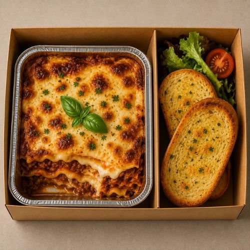 Beef lasagne with layers of pasta, bolognaise and melted cheese