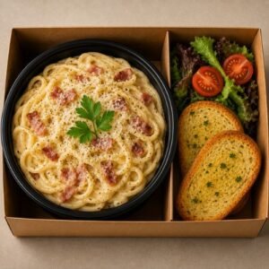 Creamy carbonara pasta with bacon, parmesan and black pepper