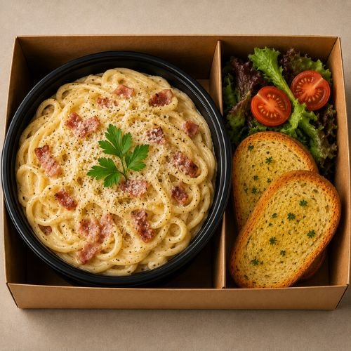Creamy carbonara pasta with bacon, parmesan and black pepper