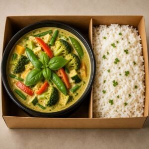 Thai green curry with vegetables and steamed rice